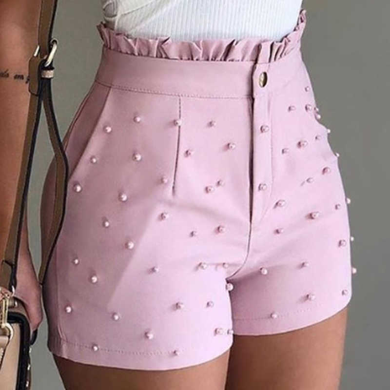 Summer High Waist Shorts For Women Beading Ruffle Casual Shorts Pantalones Cortos De Mujer 210611