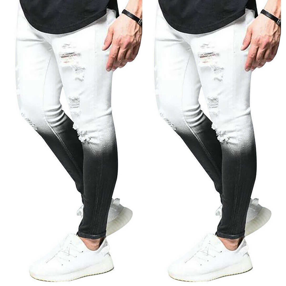 Fashion Men's Skinny Jeans High Resilience Ripped Jeans Slim Fit Denim SportsTrousers Streetwear color matching Zippers Skinny X0621