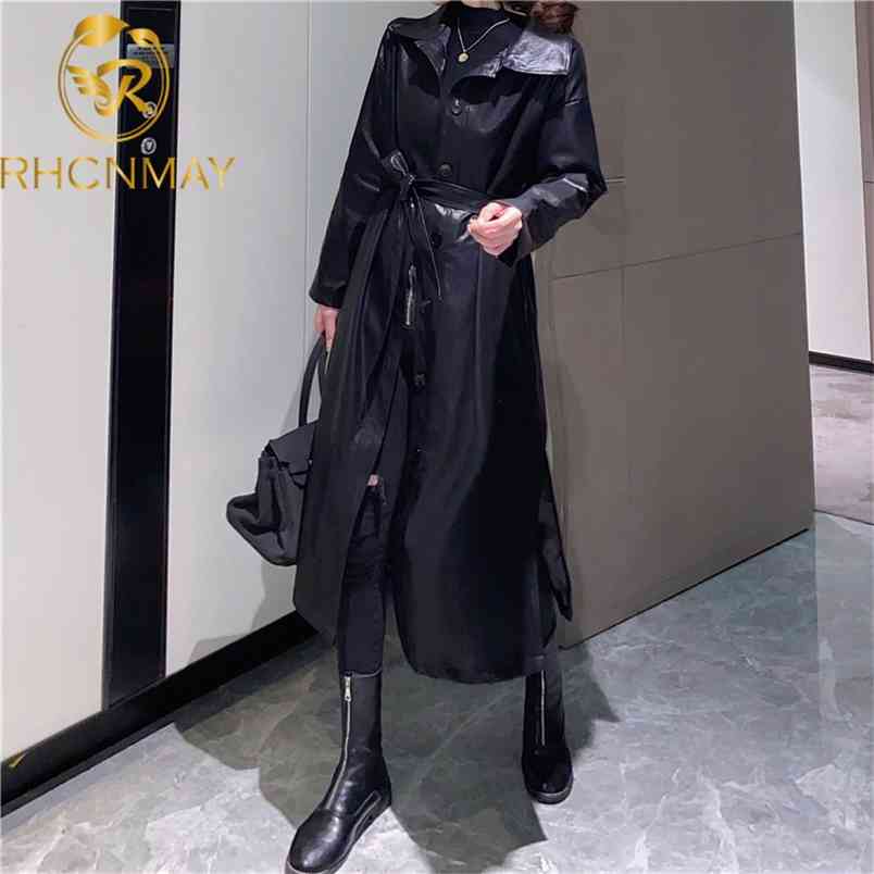 Lace Up Leather Long Handsome Women's Coat Elegant Loose Female Trench With Belt Fashion Single Breasted 210506