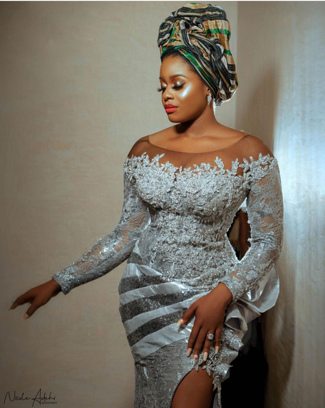 2021 Plus Size Arabic Aso Ebi Silver Lace Beaded Prom Dresses Sheer Neck Mermaid Sexy Evening Formal Party Second Reception Gowns Dress ZJ345