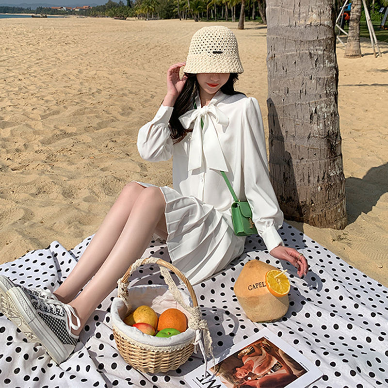 Pleated Shirt Dress Women Long Sleeve Solid Bow Office Lady Elegant White Mini Dress Female Summer Dress Korean 210521