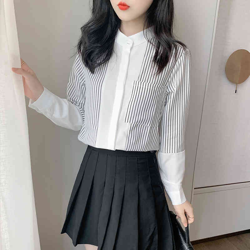 Striped White Woman's Shirts Splicing Fashion Women Blouses Female Autumn Long Sleeve Chiffon Blouse Vintage Ropa De Mujer 10902 210518