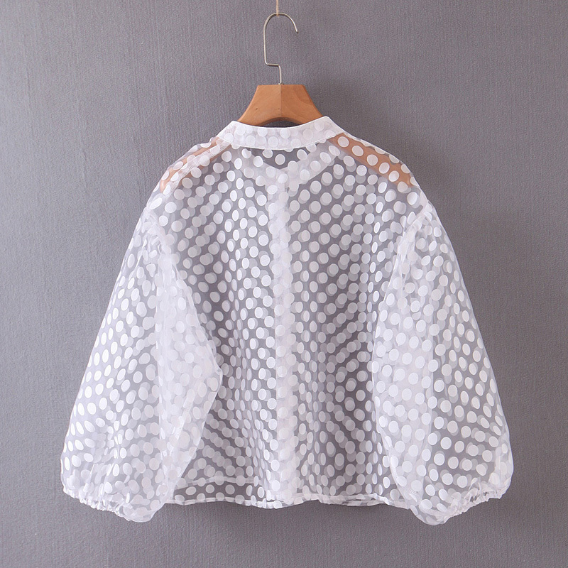 Stylish Sexy Transparent Dot Printed Blouses Women Fashion V Neck Shirts Elegant Ladies Buttons Puff Sleeve Tops 210520
