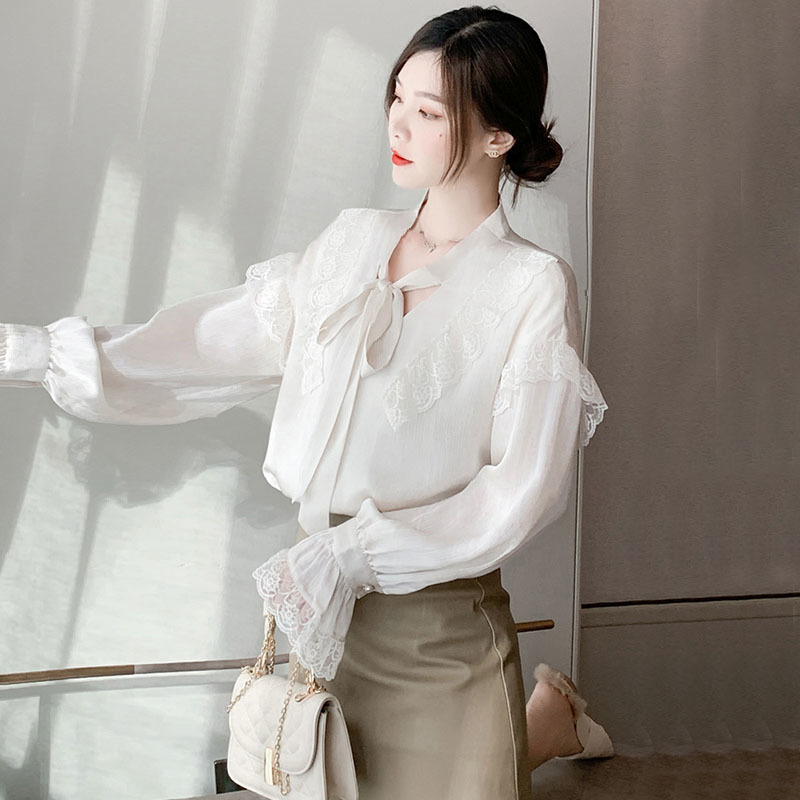 Hong Kong Style Retro Chiffon Shirts Women Strappy Shirt Spring Lace Ruffled Trumpet Sleeve Top Woman's Blouses 13210 210427