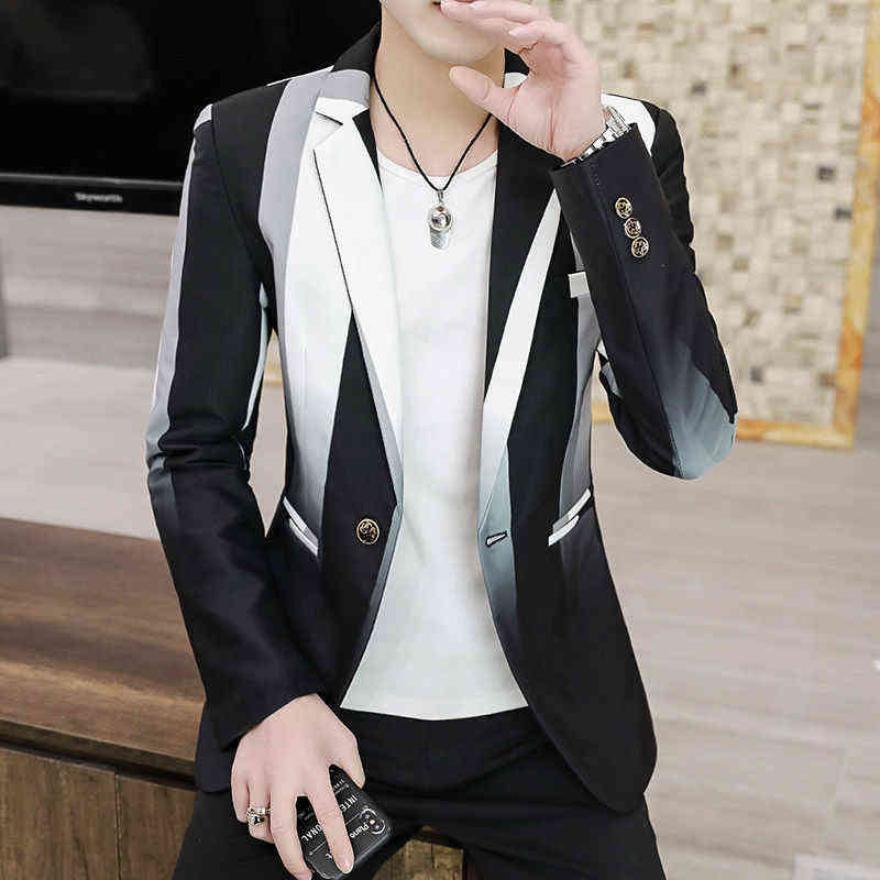 Men Striped Blazer Hombre Stylish Spring Trend Personality Color Contrast Masculino Slim Fit Homme 211120