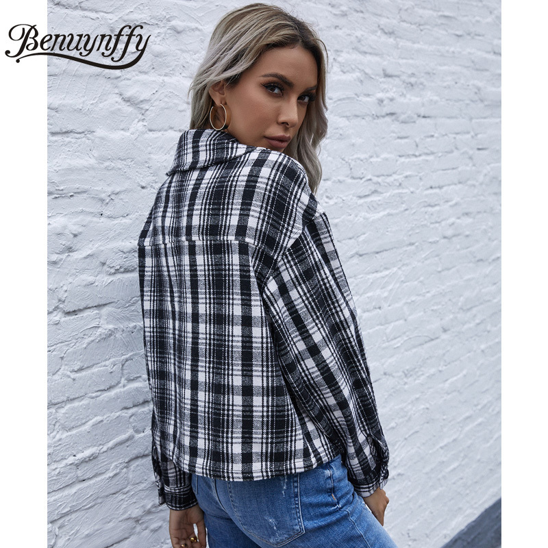 Turndown Collar Tartan Plaid Jacket Coat Women Autumn Vintage Drop Long Sleeve Zipper Ladies Short Outerwear 210510
