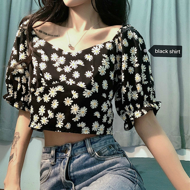 crop top women daisy Short blouse vintage summer fashion print Floral shirt Casual Chiffon blouses boho tops 210510