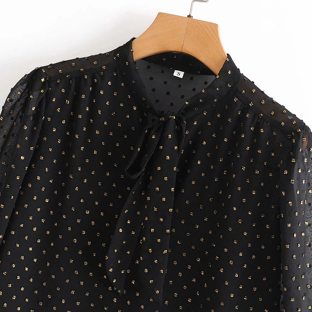Autumn Fashion Button Up Chiffon Shirt Vintage Blouse Women Black And Golden Silk Thread Lady Long Sleeves Female Loose Shirt 210520
