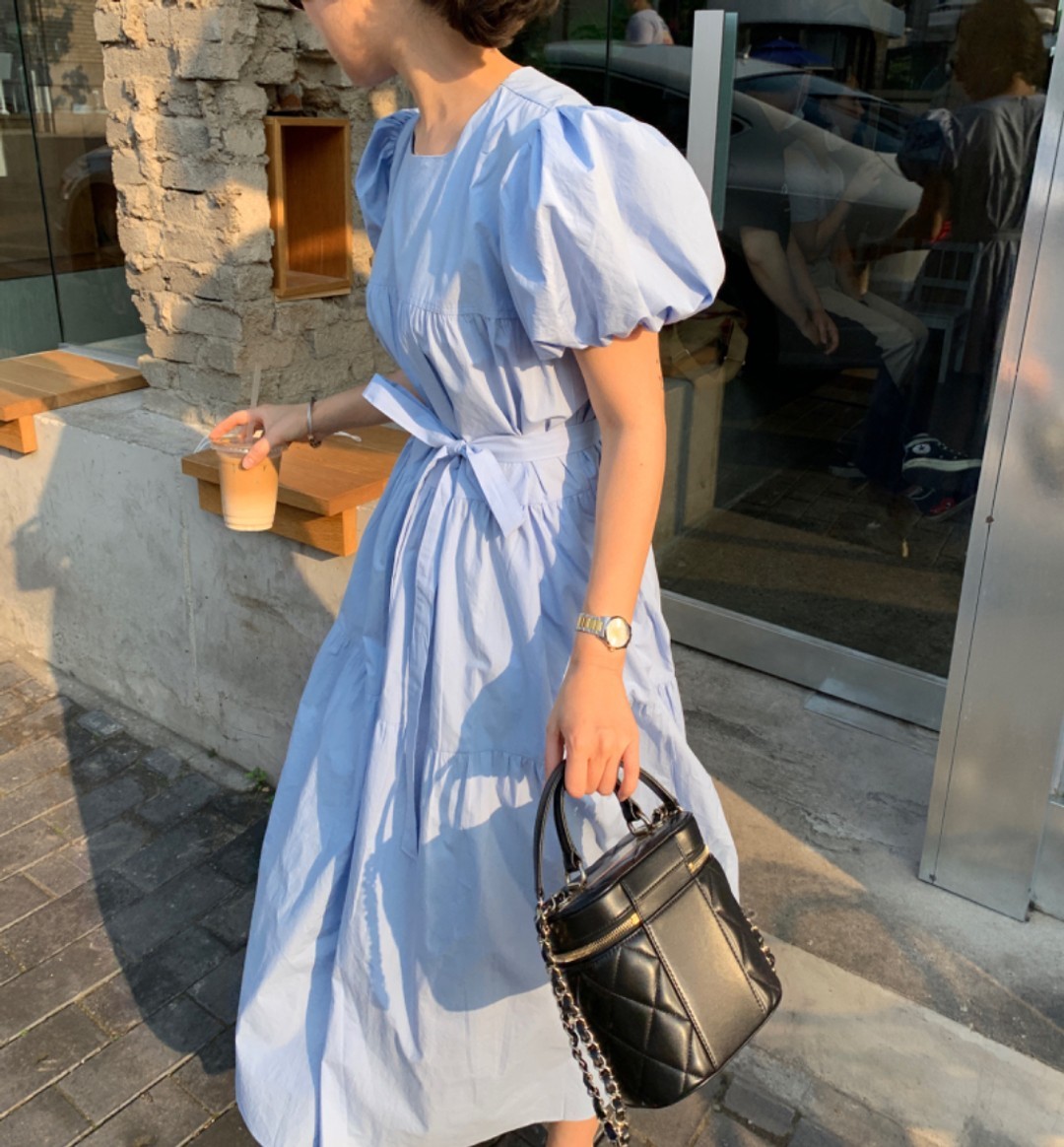 Nomikuma Elegant Square Collar Puff Sleeve Dresses Bow Bandage Slim Waist Korean Vestidos Causal Chic Solid Woman Dress 6H018 210427