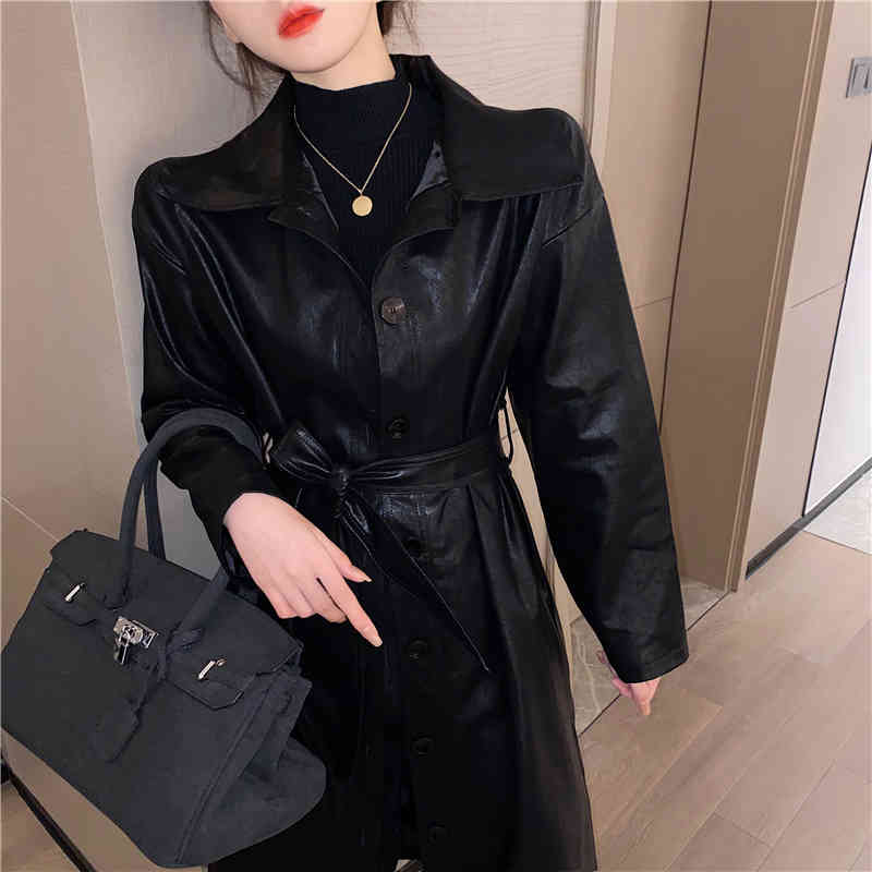 Lace Up Leather Long Handsome Women's Coat Elegant Loose Female Trench With Belt Fashion Single Breasted 210506