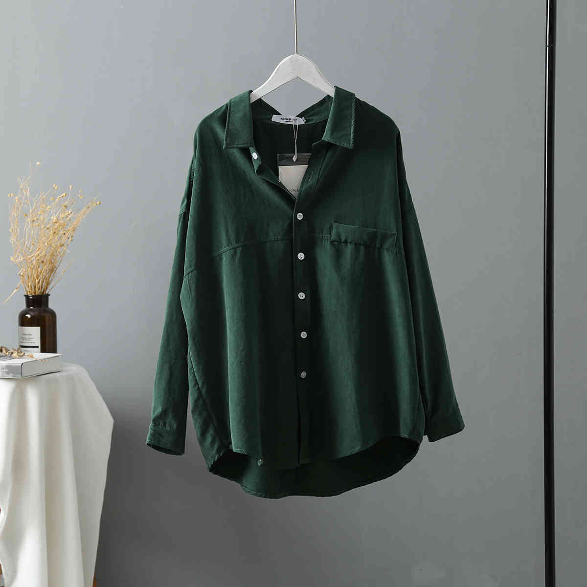 Fashion Blusas Mujer De Moda Loose Solid Women Shirts Spring Autumn Dark Green Long Sleeve Blouses tops 6720 50 210427