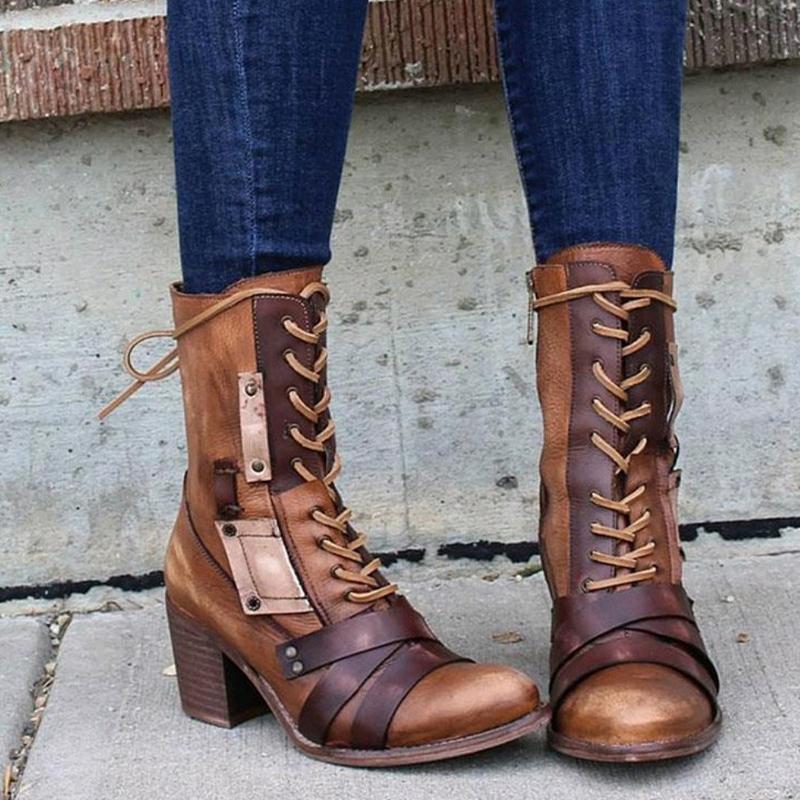 Bottines Women's Winter Femme Femme Cuir Pu Cuir Square Heels Femmes Retro Pumps Dames Chaussures Femme Patchwork Chaussures Big Taille 43