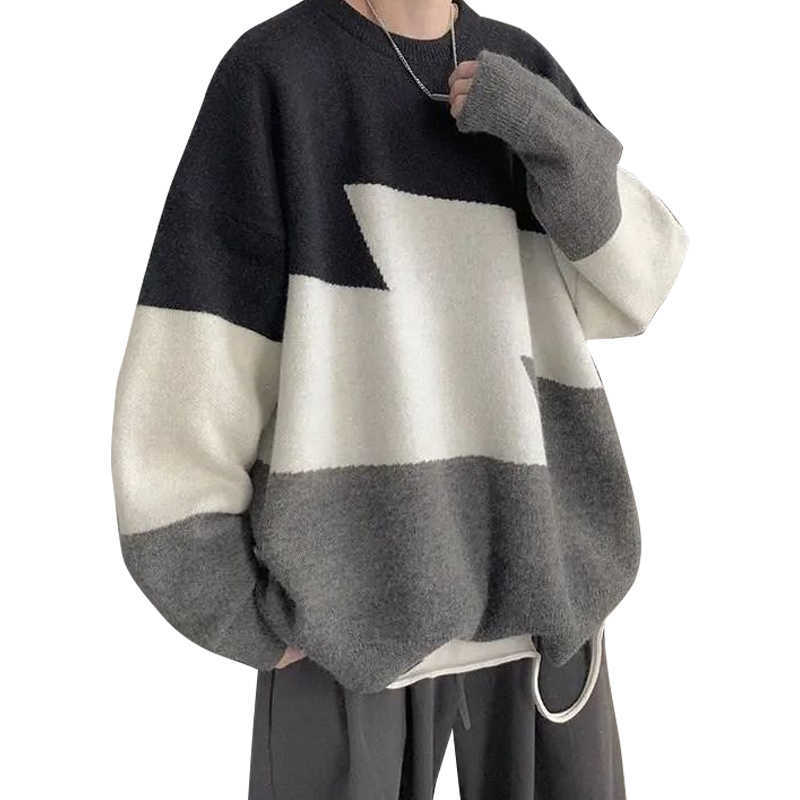 Winter Men O-Neck Oversized Sweater Hip Hop Harajuku Streetwear Korean Style Loose Warm Patchwork Pullover Knitwear Sweater 210818