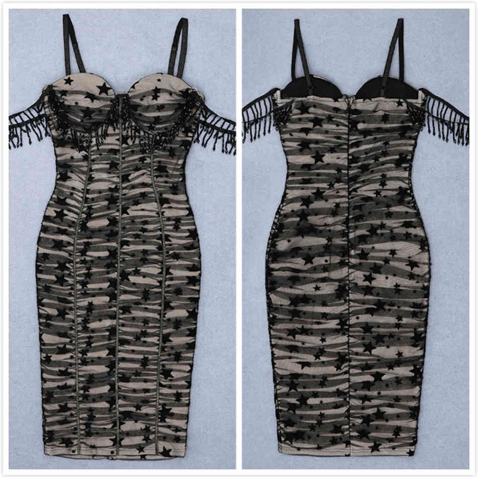 Free Women Five-pointed Star Mesh Draping Bandage Dress Sexy Spaghetti Strap Bodycon Club Party Tassel Vestido 210524