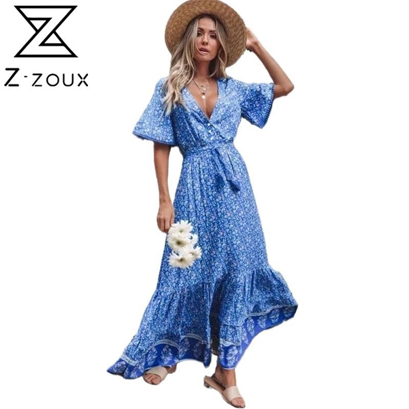 Women Dress Printed Bohemia es Sexy Long Print Floral Maxi V Neck Lace Up Ruffle Plus Size Summer es 210513