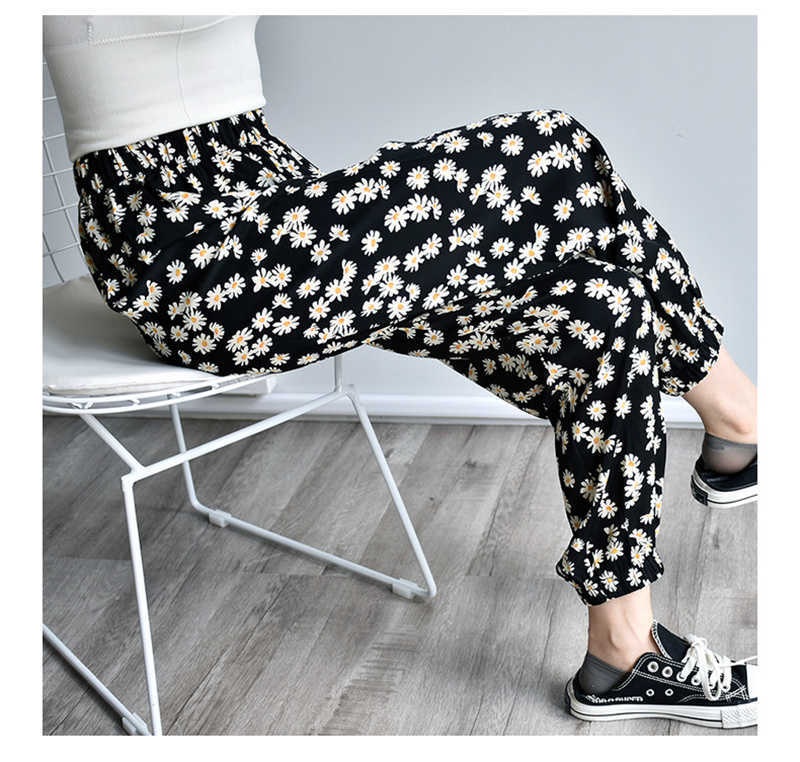 Qooth Summer Ankle-length Lantern Floral Casual Pant's All Match Ice-cold Feeling Soft Fashion One Size QT760 210609