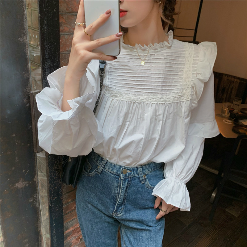 Nomikuma Sweet Ruffle Women Blouse Korean Pleated Flare Long Sleeve Shirt Autumn New Stand Neck Pullover Blusas Mujer 6C752 210427