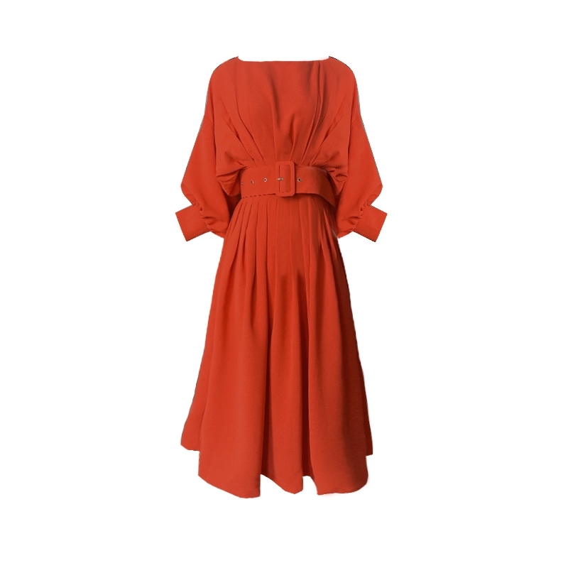 DEAT Spring and summer waist folded red show thin seven point Lantern Sleeve high waist dress pullover vestido tide WR30303L 210428