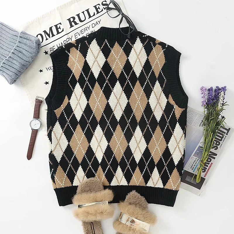 Preppy Style Check Plaid Knitted Sweater Vest Women 90s Vintage Korean Clothing Loose Waistcoat Y2K Knitwear Sleeveless Jumper 210429