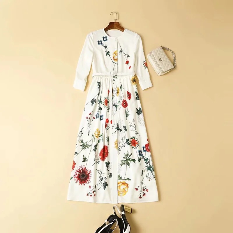 Women's Runway Dresses O Neck 3/4 Sleeves Floral Printed Single Breasted Fashion Mid Autumn Dress with Belt