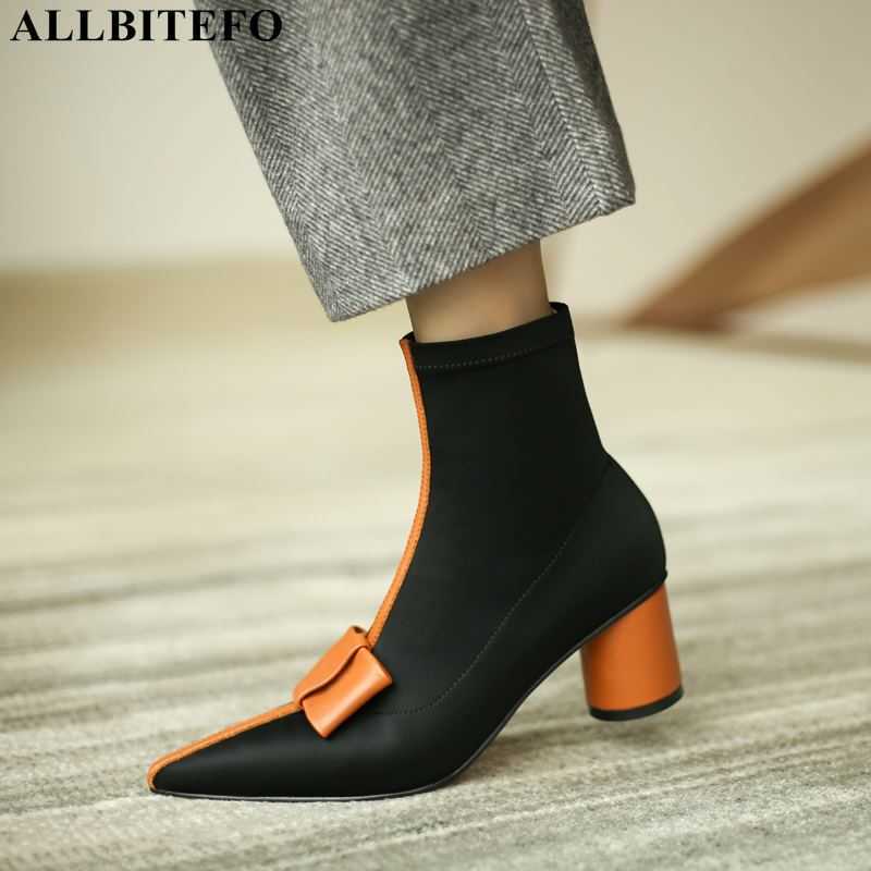 ALLBITEFO fashion sweet bowtie Elastic material barnd high heels ankle boots for woemn thick heels winter snow women boots 210611