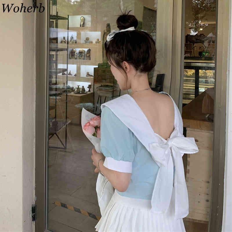 Summer Korean Women Blouses Crop Top Shirts Bow Bandage Elegant Tops Fashion Cute Blouse Kawaii Ladies Blusas Mujer 210519
