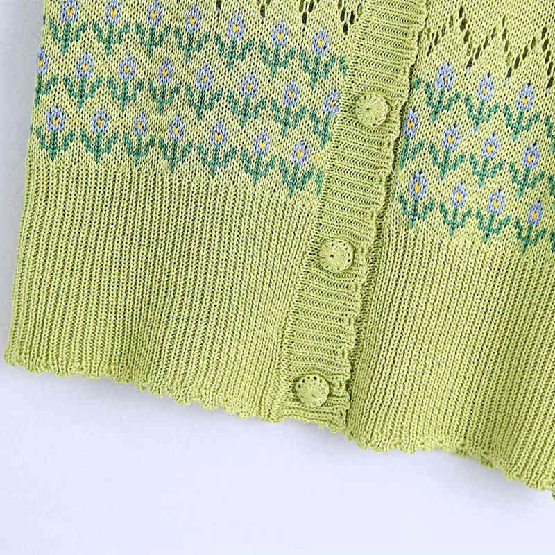 PUWD Sweet Women V Neck Single-breasted Vest Spring-autumn Fashion Ladies England Style Female Flower Knitted Top 210522