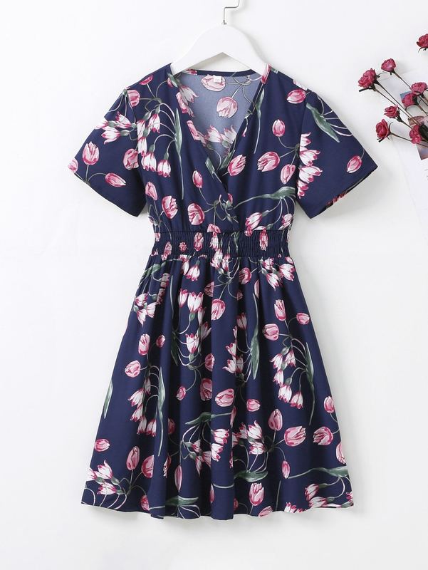 Girls Floral Print Shirred Waist Flared Dress SHE