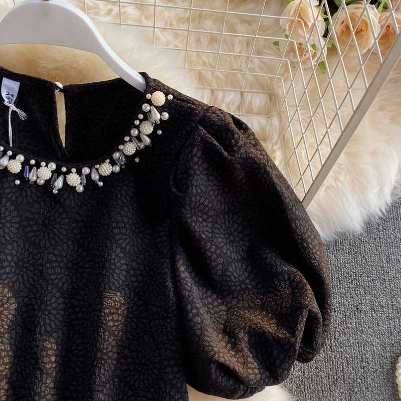 Puff Short Sleeve Chiffon Blouses Causal Korean Beads O-neck Women Tops Summer Elegant Blusas Shirt 6G872 210603
