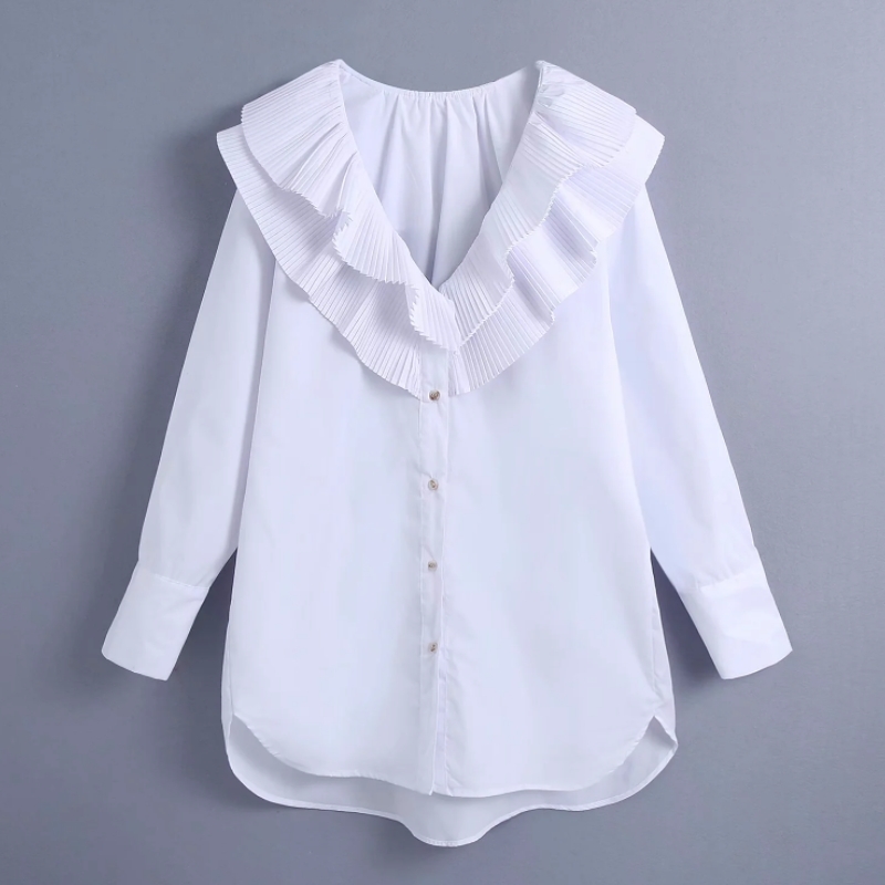 Spring Women V Neck Cascading Ruffle Loose White Shirt Female Long Sleeve Blouse Casual Lady Tops Blusas S8619 210430