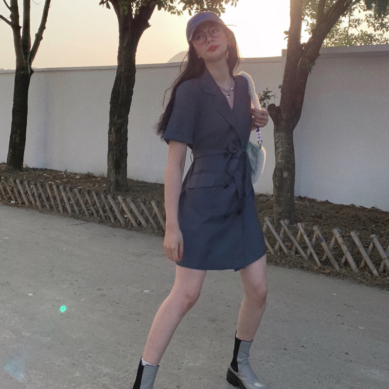 Women Dress Lapel Collar High Waist A-line Short Sleeve Temperament Fashion Summer 2H734 210526