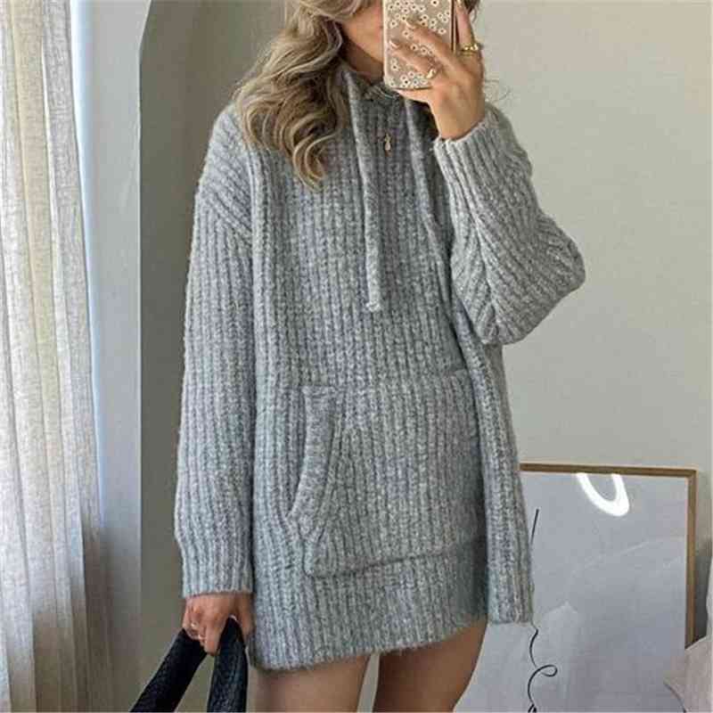 Streetwear Women Grey Loose Knit Hoodies Fashion Ladies Pocket Knitted Tops Causal Female Chic Oversize Pullovers 210430
