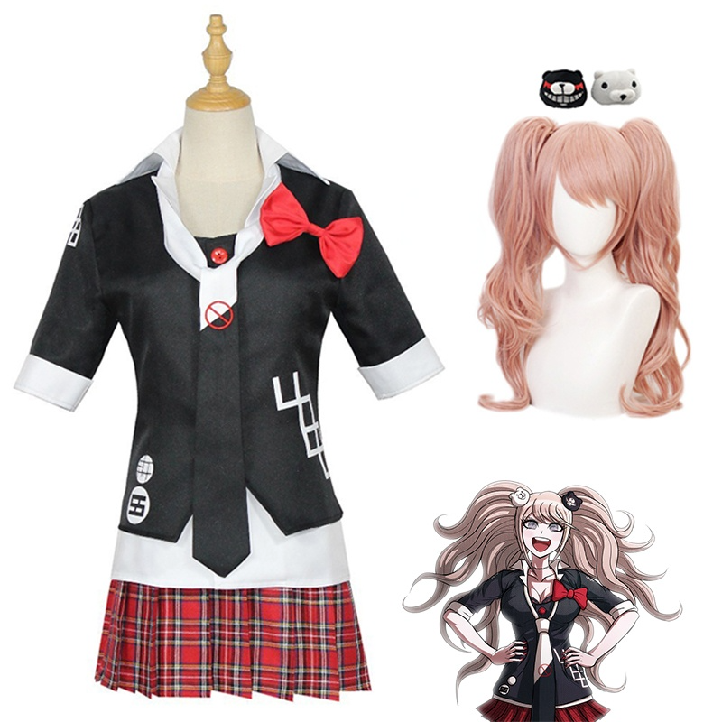 Anime Danganronpa Cosplay Costume Junko Enoshima Uniform Cafe Work Clothes Short Skirt Double Tail Braid Wig with Bear Hairpin