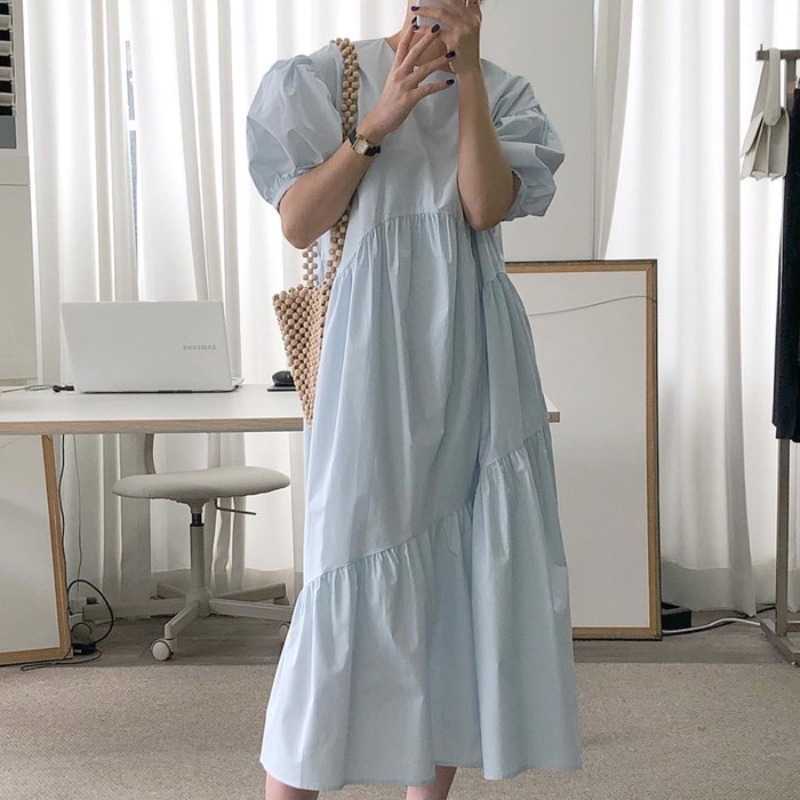 VANOVICH Korean Chic Summer Solid Color Loose Lotus Leaf Side Short Sleeve Dress Temperamental Long Women 210615Z