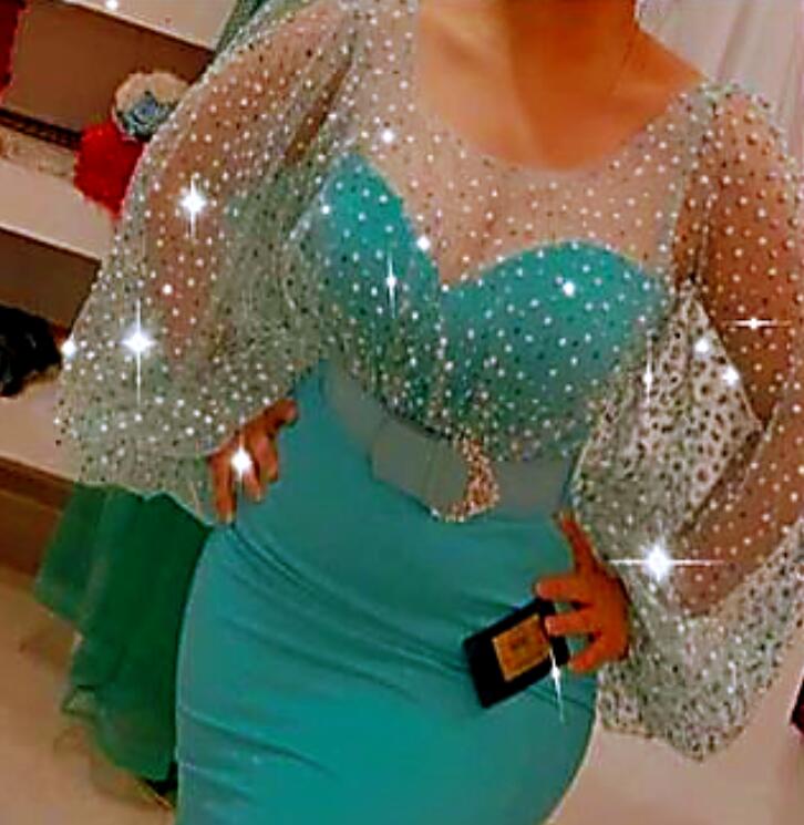 Plus Size Arabic Aso Ebi Mermaid Sexy Sparkly Prom Dresses Long Sleeves Sheer Neck Evening Formal Party Second Reception Bridesmaid Gowns Dress ZJ202