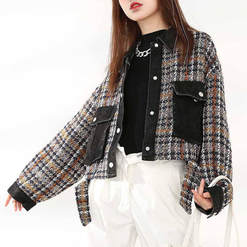 [EAM] Tweed Denim Plaid Short Cotton-padded Coat Long Sleeve Loose Fit Women Parkas Fashion Autumn Winter 1Z82205 210819