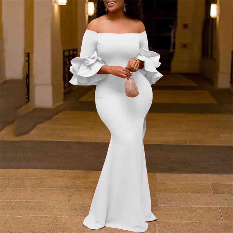 African Ladies Party Long Dress White Slash Neck Ruffles Bodycon Mermaid Floor Length Elegant Evening Dinner Night Vestidos 210510