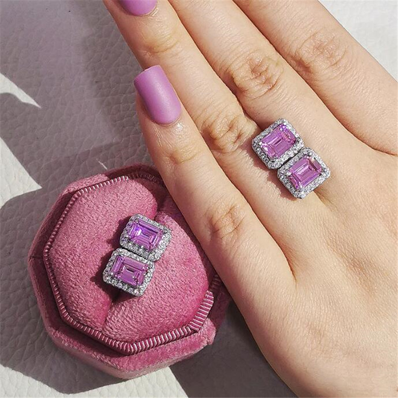 Sterg Sier Stud Earrings, Jewelry, 4 Styles, 5A Cubic Zirconia, Emerald Cut, Gemstone, Party, Engagement, Gift for Women