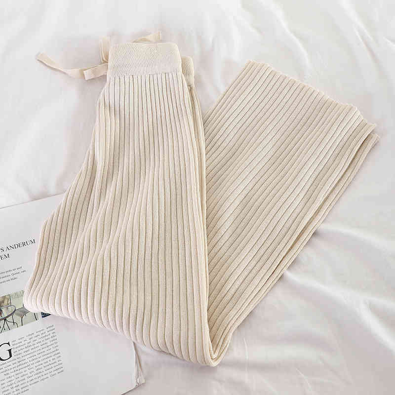 Women Knitted Wide Leg Pants Warm Fashion Autumn Winter Trousers Elastic High Waist Ankle-length Pant Korean 210519
