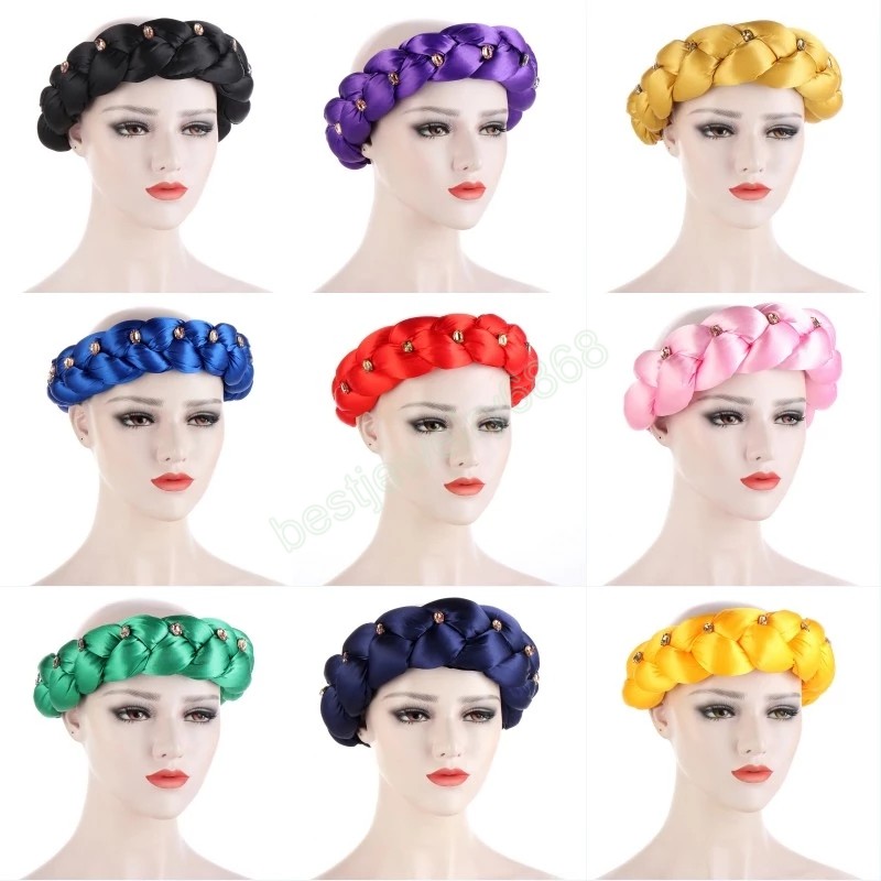 Female Candy Color Rhinestones Thick Braids Headbands African Women Elastic Hair Bands Hair Accessories Nigeria Hair Tie
