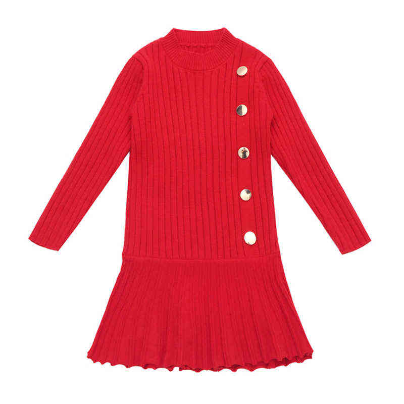 Autumn Big Girls Christmas Dress Winter Knit Sweater es Baby ' Button Red Black Fashion Kids Clothes 211104