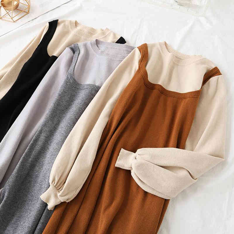 Autumn Winter Sweater Dress Women Long Sleeve O-neck Knitted Dress Vintage Female Sweater Bottoming Slim A Line Dresses 210521