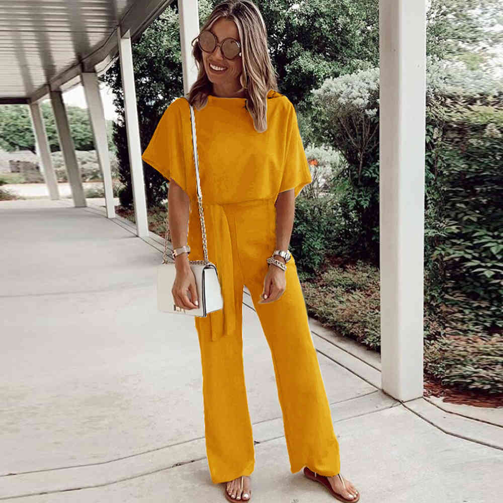 Women Jumpsuit Casual O Neck Short Sleeve Playsuit Elegant Office Lady Wide Leg Overalls Female With Belt Bodysuit Loose Rompers 210522