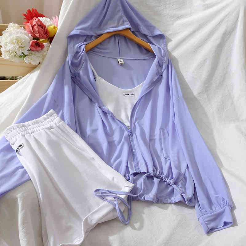 Fashion suit sunscreen cardigan jacket sports camisole high waist wide leg shorts three-piece female 210525, Blue
Fashion suit sunscreen cardigan jacket sports camisole high waist wide leg shorts three-piece female 210525, Blue