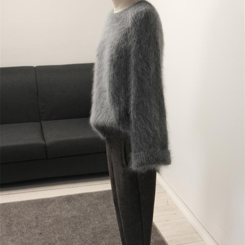 Winter Women's Thickened Round-Neck Mohair Pullover Sweater Pure Color Female Loose Knitwear Long Sleeve Asymmetry Knit Top 210520