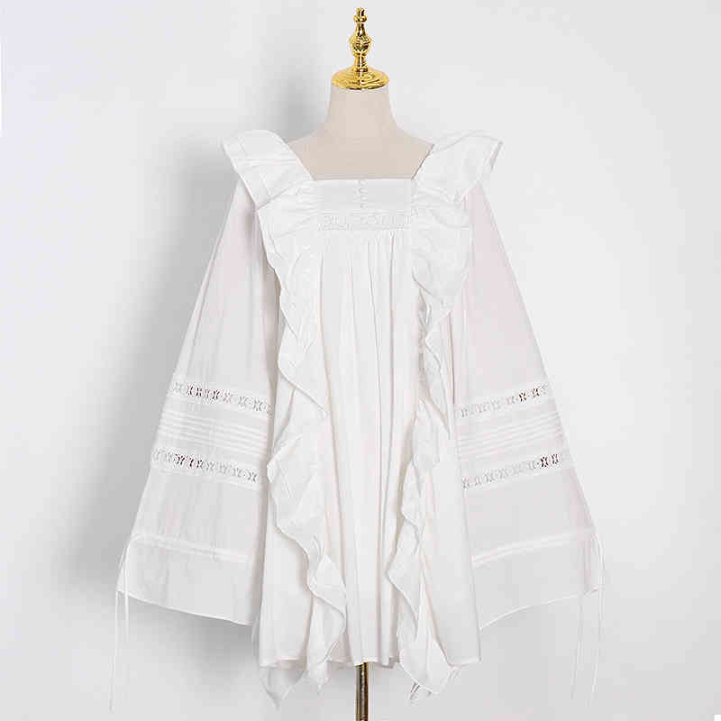 Patchwork Ruffle Lace Dress For Women Square Collar Lantern Sleeve Ruched Casual Loose Dresses Female Fashion 210520
