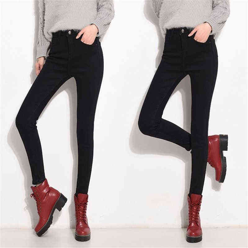 streetwear black thickening velvet High Waist Warm Jeans For Women Winter warm Denim Pants Jean Ladies Trousers 211129