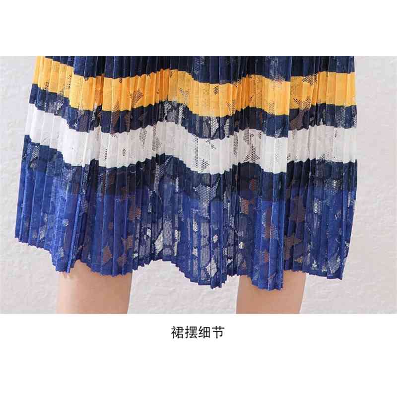 Summer Woman Lace Pleated Dress Striped Blue Ladies Slim Short Sleeve Party Female Casual Dresses 210506