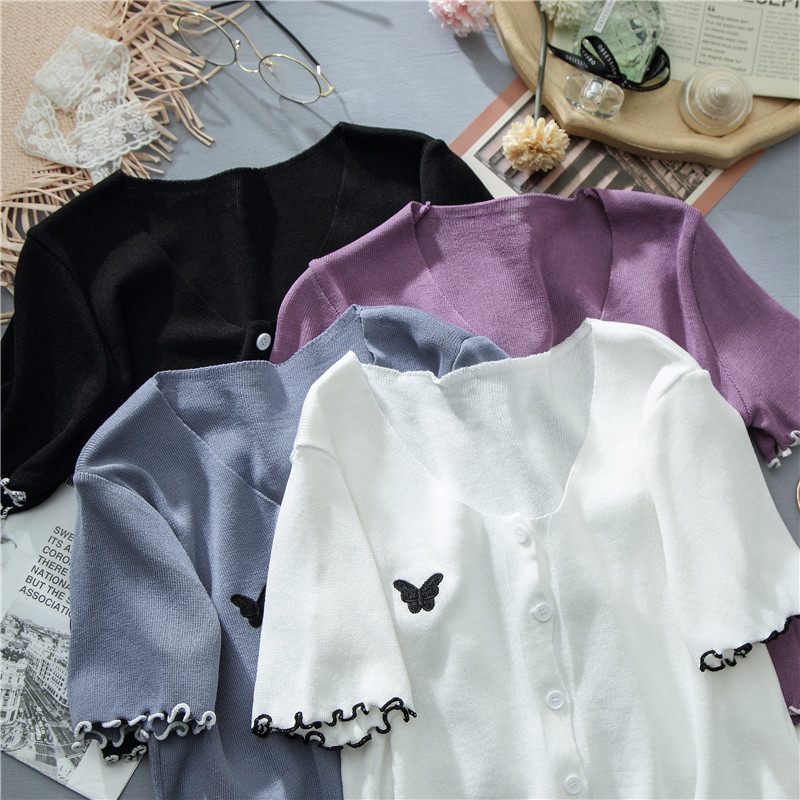 Women Summer Knitted V-Neck Plain T-shirts Butterfly T-Shirts Buttons Flounce Hem Crop Tops For 210518, Purple
Women Summer Knitted V-Neck Plain T-shirts Butterfly T-Shirts Buttons Flounce Hem Crop Tops For 210518, Purple
