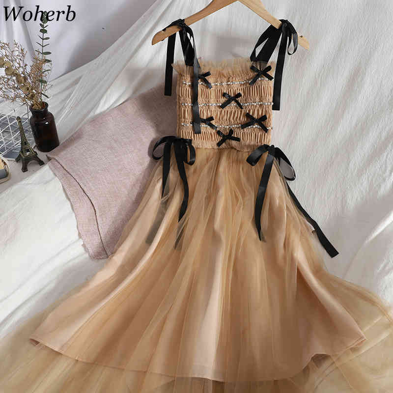 Sweet Woman Dress Pleated Baeding Ruffles Vestidos Mujer Patchwork Gauze Summer Robe Korean Backless Fashion Dresses 210422